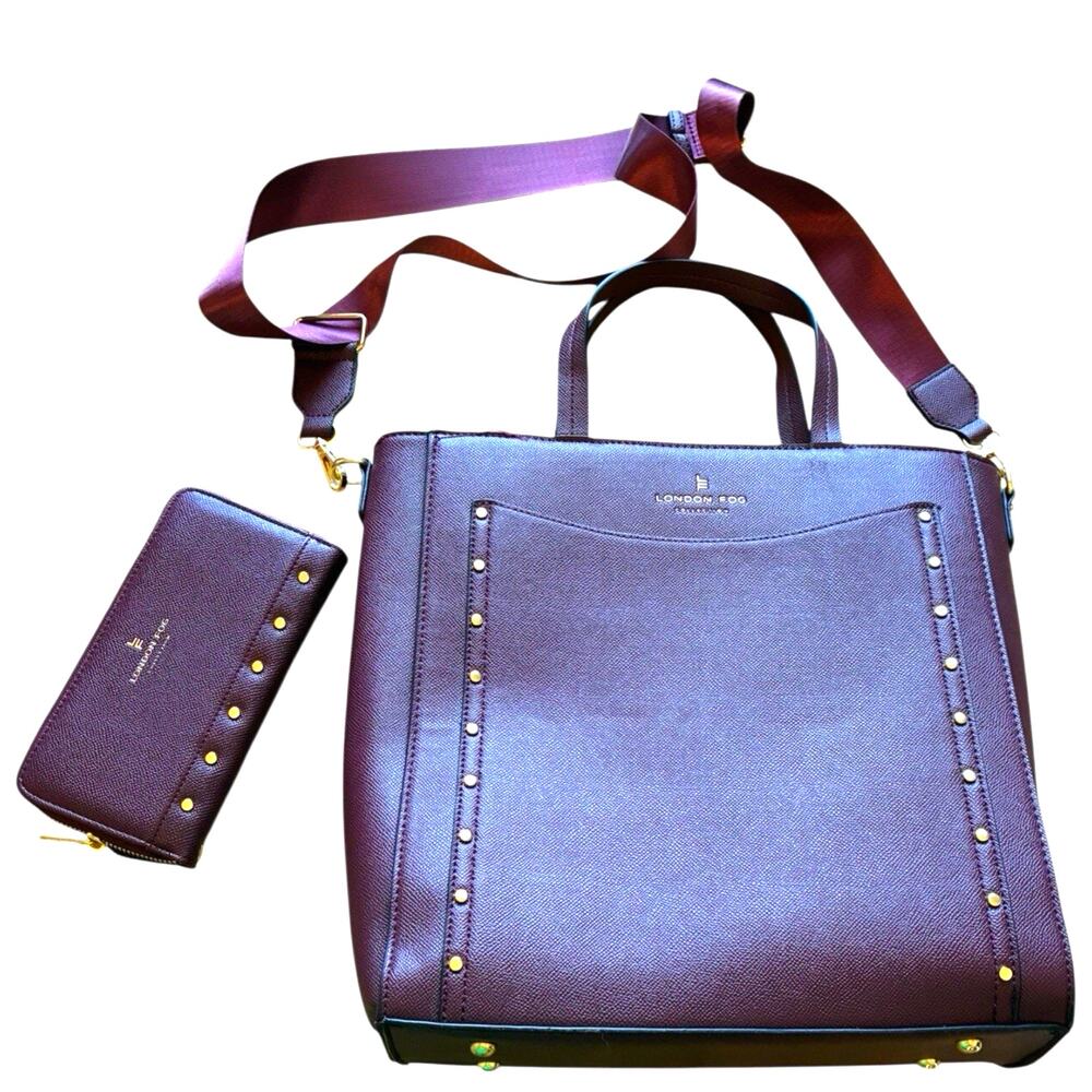London Fog Sofia Studded Tote Bag & Matching Wallet Plum Burgundy Career Laptop